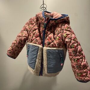 Mini Boden Pink Floral Quilted Jacket with Blue Pockets